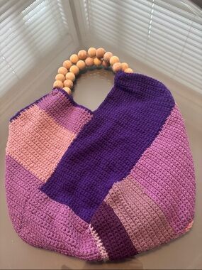 Handcrafted lined Color block Purple & Pink Crochet Tote with Wooden Bead Handle